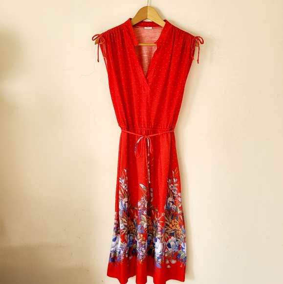 Vintage Polka-dot and Floral Drawstring Shoulder Sleeveless Dress Red Size S - Picture 12 of 12